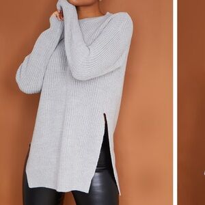 NEW PRETTYLITTLETHING GREY ROUND NECK SIDE SPLIT SWEATER size: XL